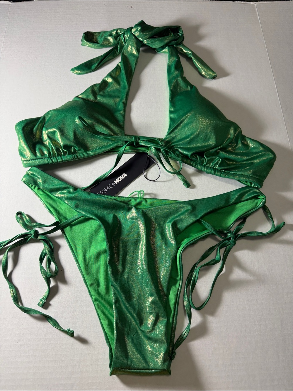 Fashion Nova Metallic Emerald Green Tie-Side Bikini